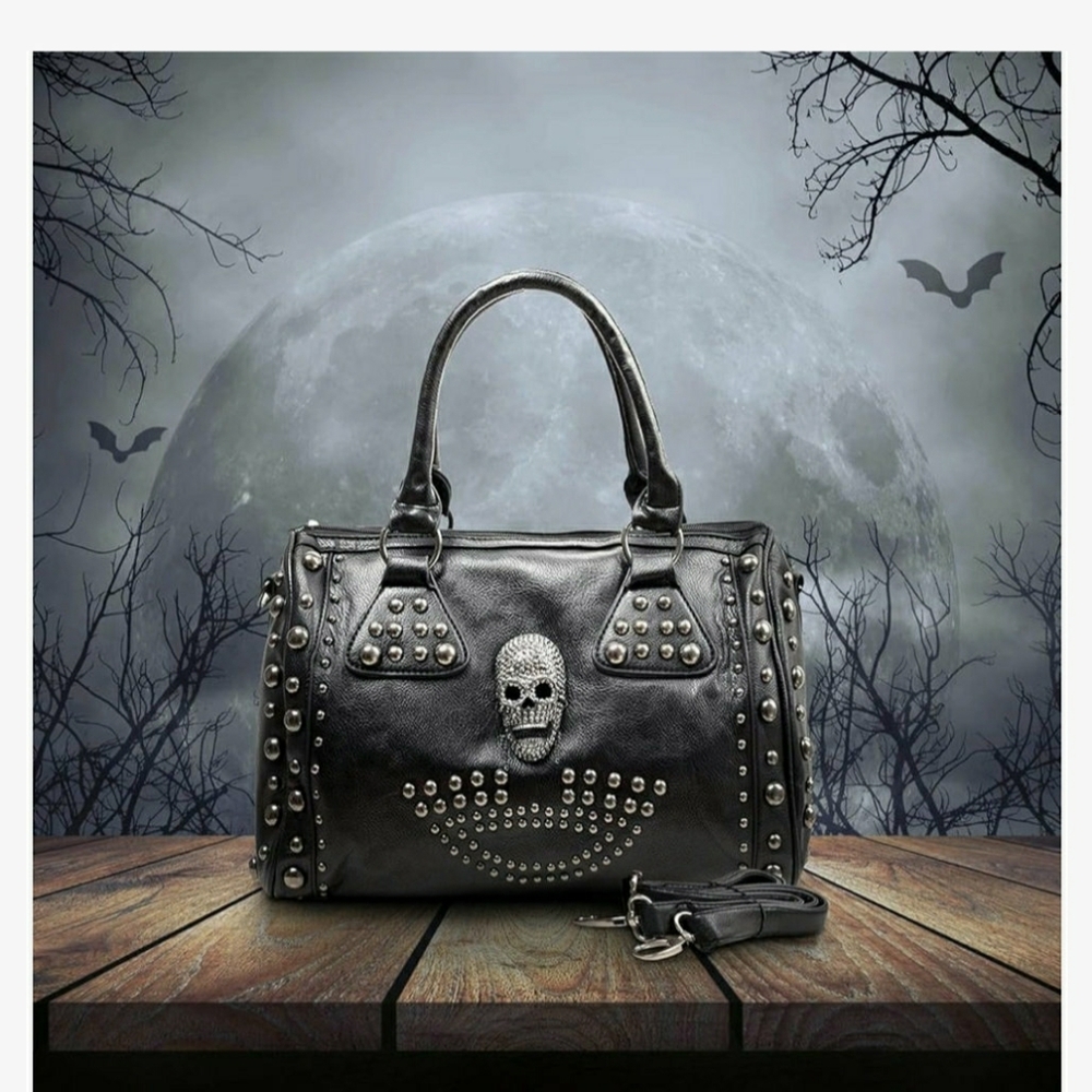 Howea Black 3D Rhinestone Devil Skull Studded Shoulder Bag